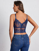 Blue floral lace bralette camisole top, open back with adjustable straps