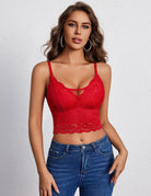 Red floral lace V-neck bralette camisole top with thin straps and scalloped hem