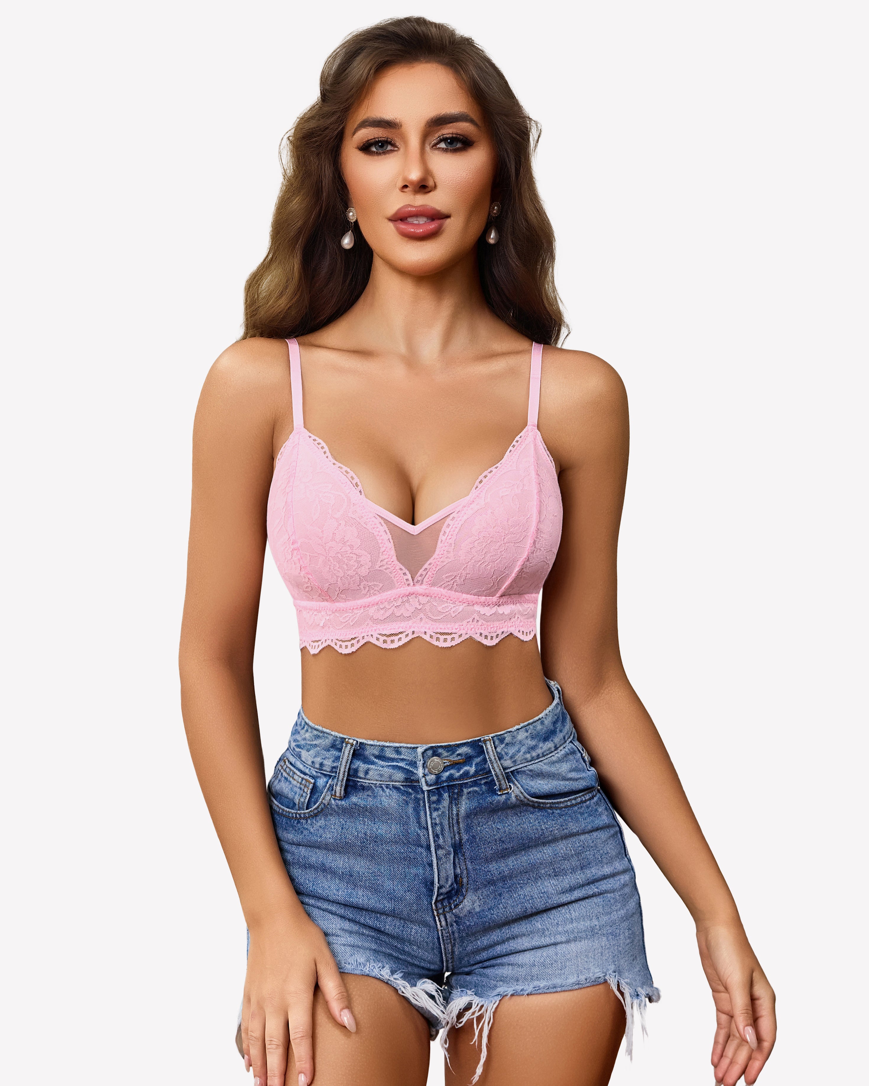 Pink lace wireless V-neck bralette, unpadded mesh with scalloped lace edge