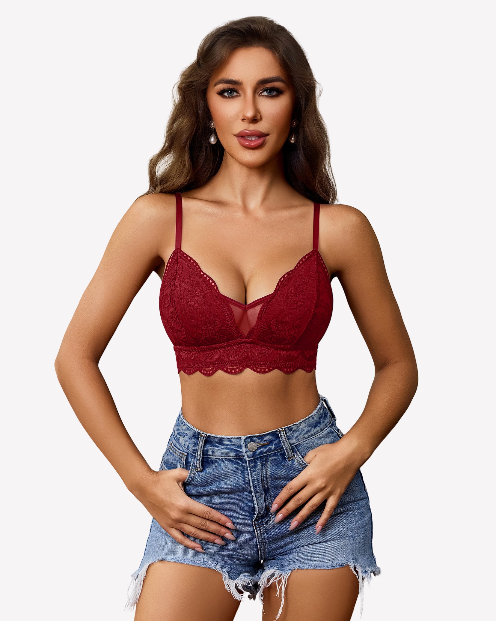 Wine red lace wireless V-neck bralette, unpadded mesh with scalloped lace hem