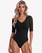 Black deep V neck seamless mesh thong bodysuit with elbow-length sleeves