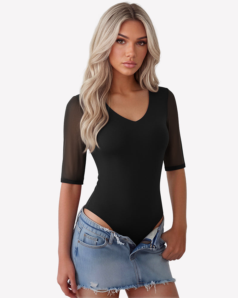 Black deep V neck seamless mesh thong bodysuit with elbow-length sleeves, front view