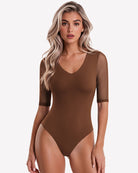 Brown deep V neck seamless mesh thong bodysuit with elbow-length sleeves