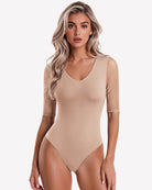 Nude deep V neck seamless mesh thong bodysuit with elbow-length sleeves