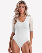 White deep V neck seamless mesh thong bodysuit with elbow-length sleeves