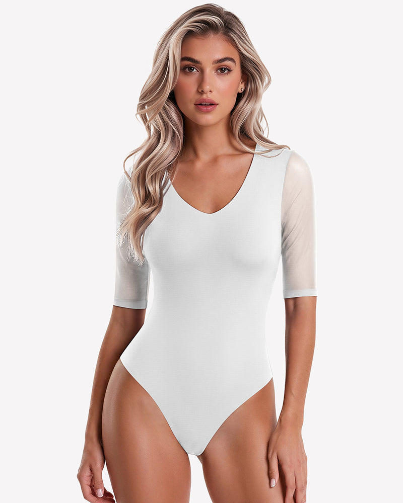 White deep V neck seamless mesh thong bodysuit with elbow-length sleeves