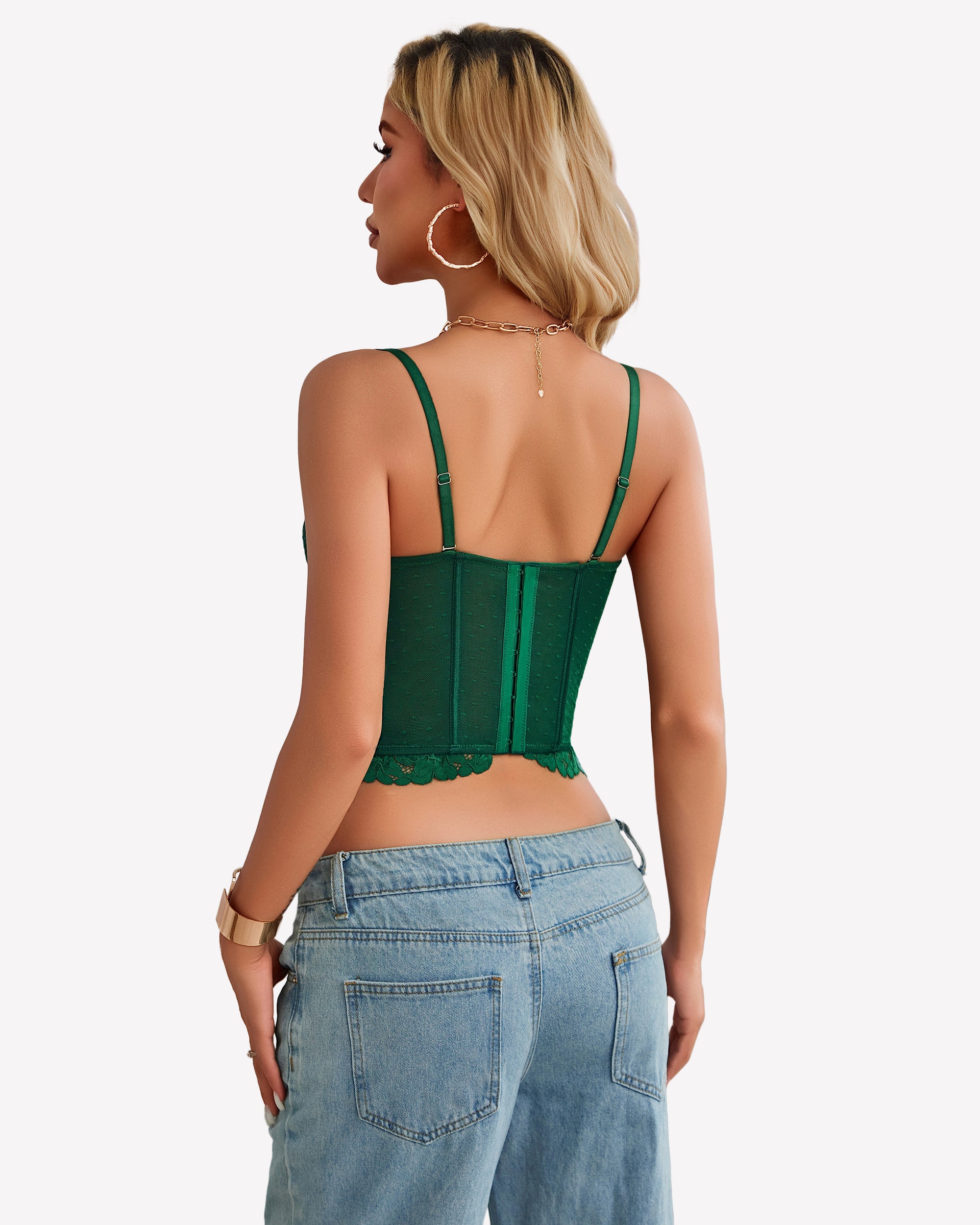 Green lace corset bustier crop top, back view with spaghetti straps and lace trim