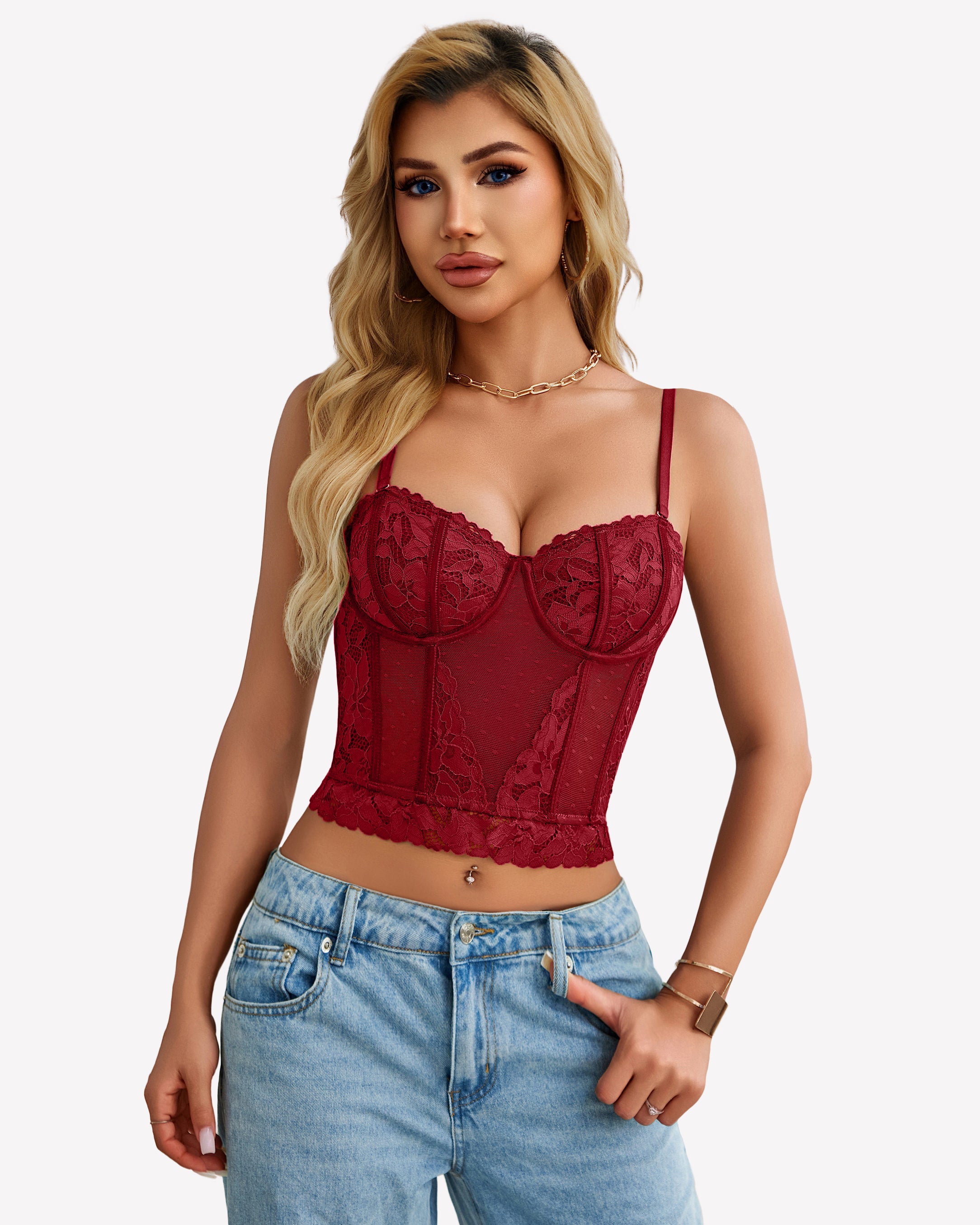 Wine red lace corset bustier crop top with underwire cups and lace panel detailing