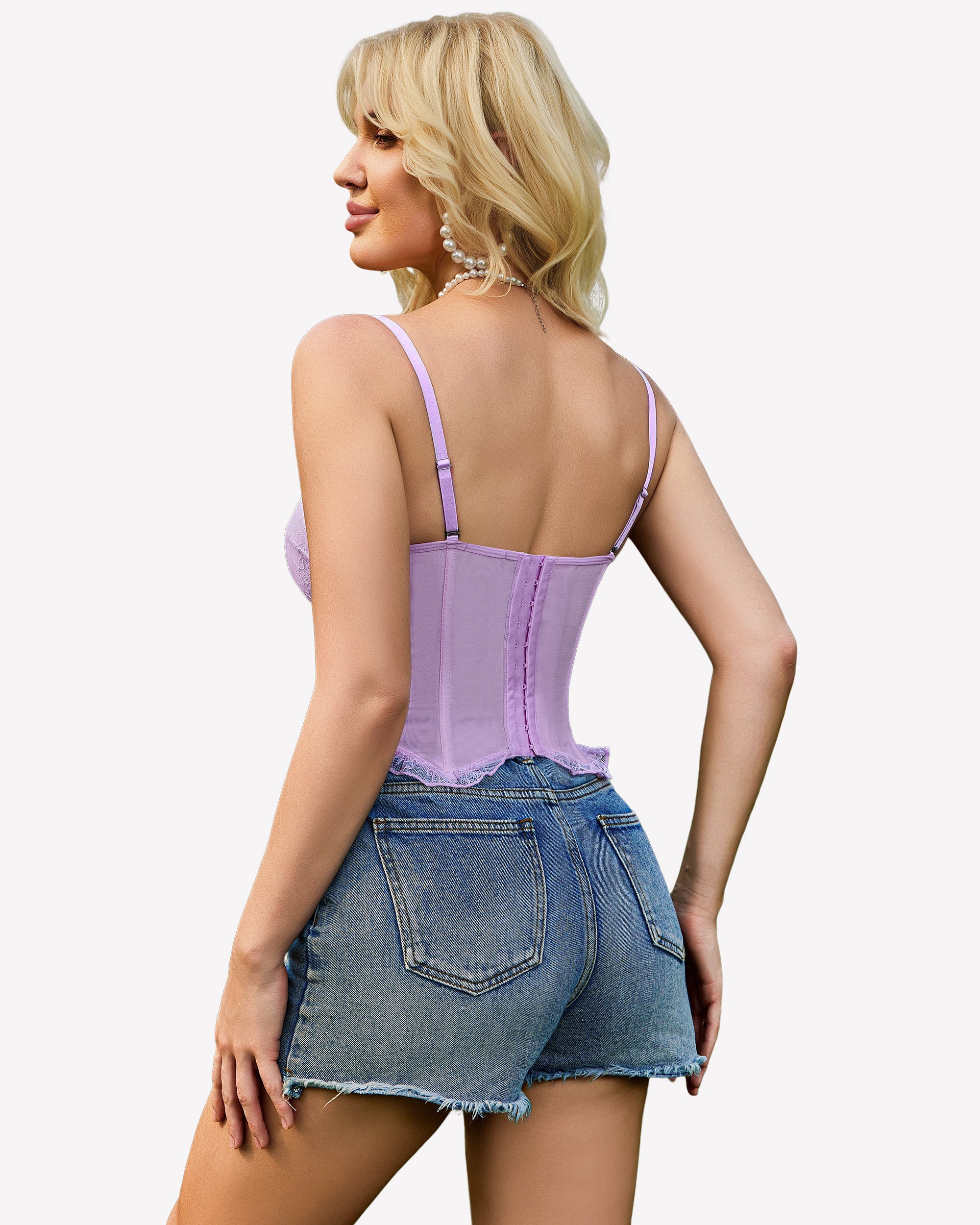 Lilac lace underwire bustier corset top with open back and thin straps