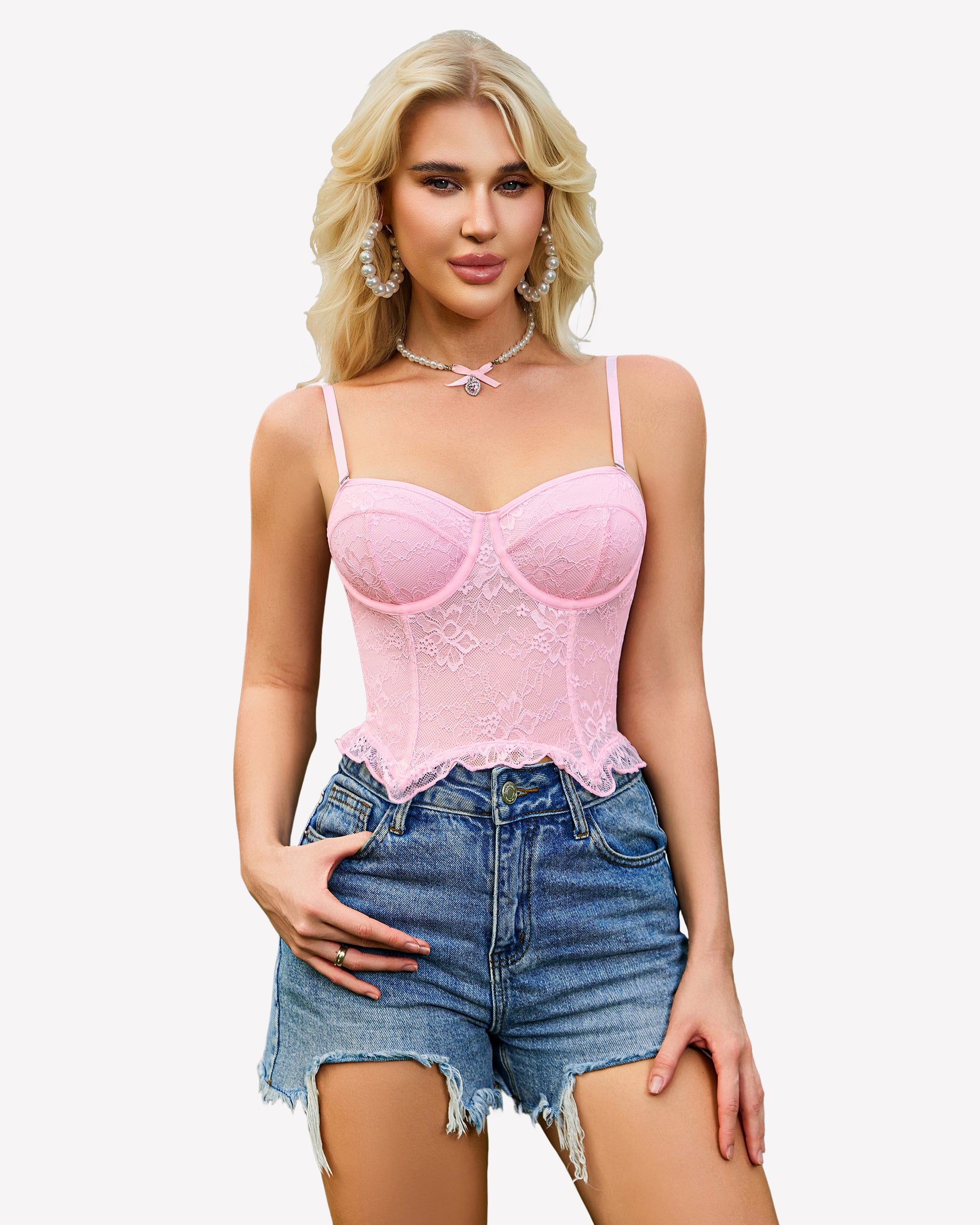 Pink lace underwire bustier corset top with sweetheart neckline and straps