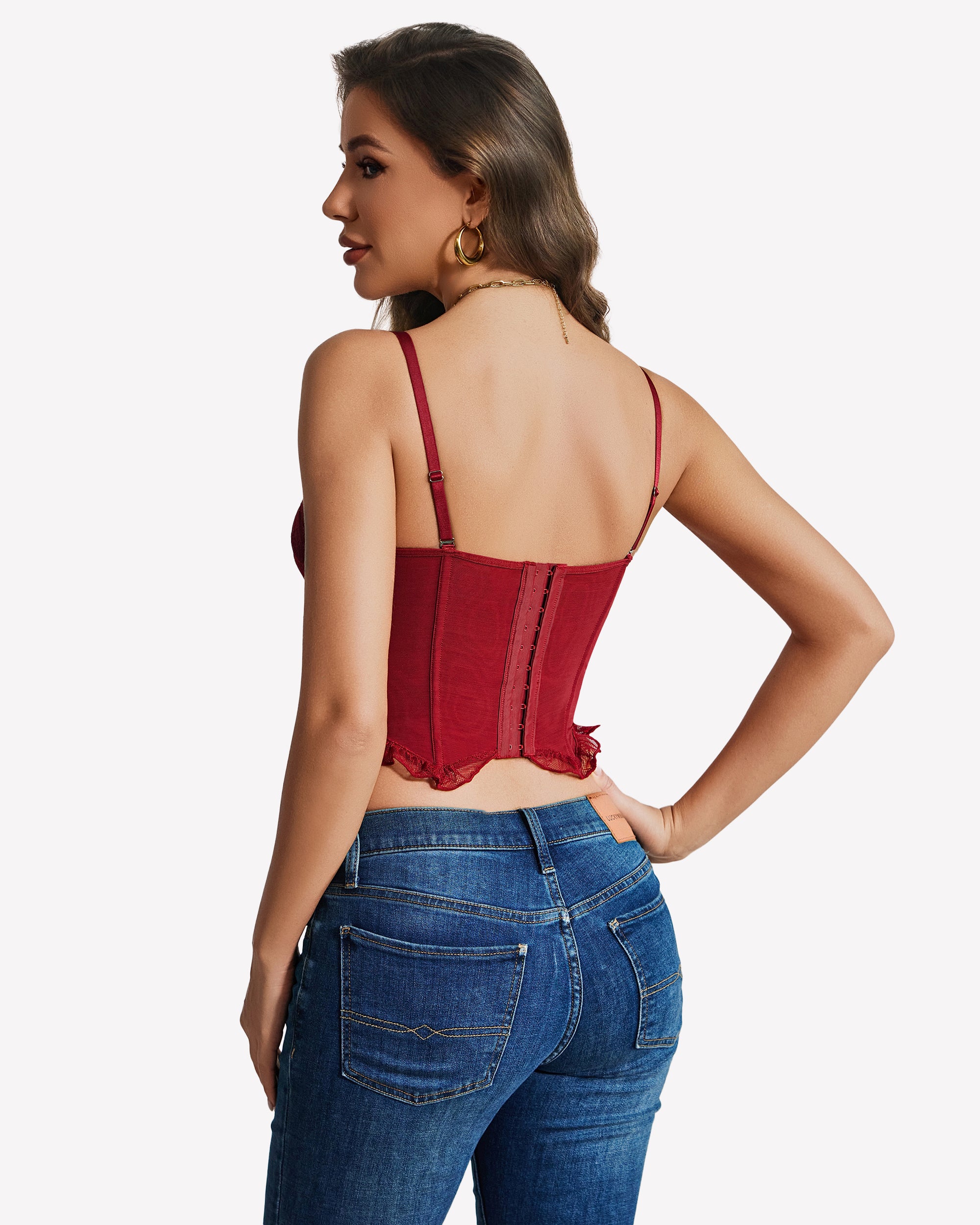 Wine red lace underwire bustier corset top with adjustable spaghetti straps, back view