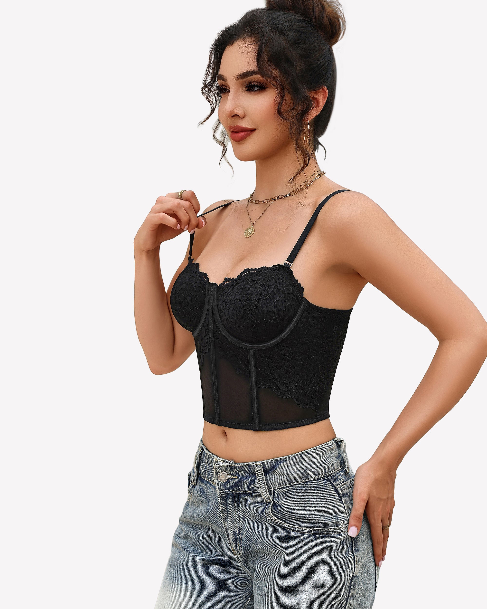 Black lace bustier corset crop top with underwire cups, scalloped edge, thin straps