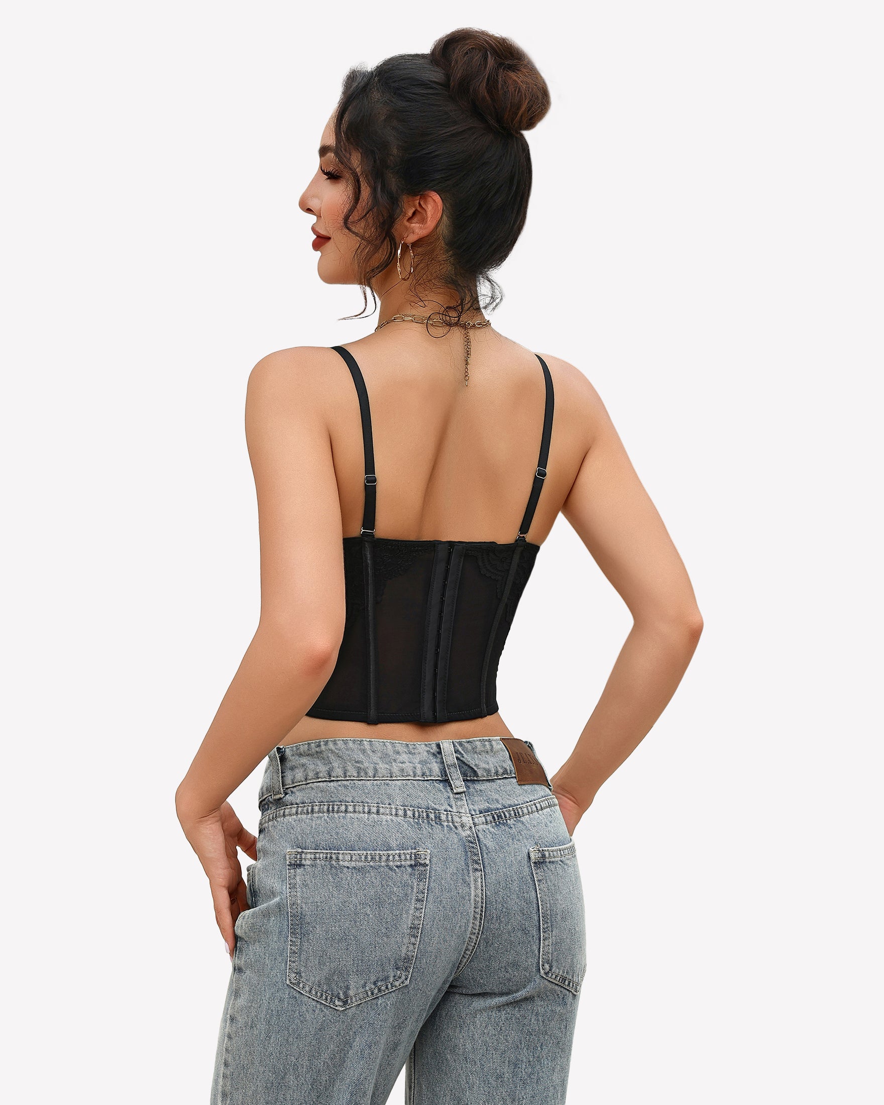 Black lace bustier corset crop top with underwire cups, open back, thin straps
