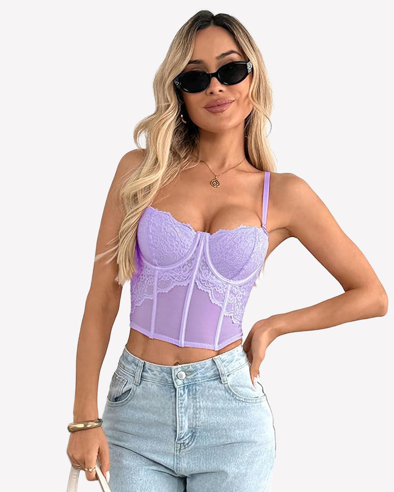 Lilac lace bustier corset crop top with underwire cups and thin spaghetti straps