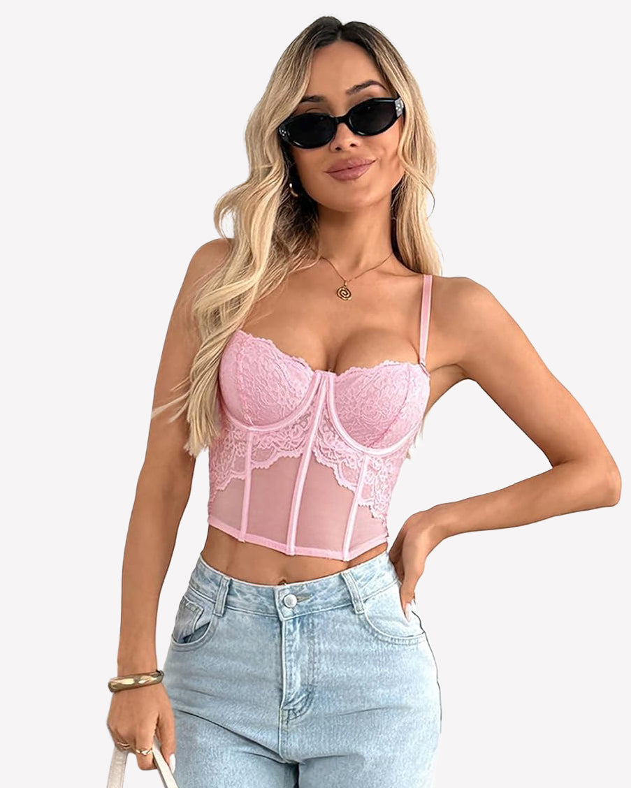 Lilac lace bustier corset crop top with underwire cups and lace-trimmed bust