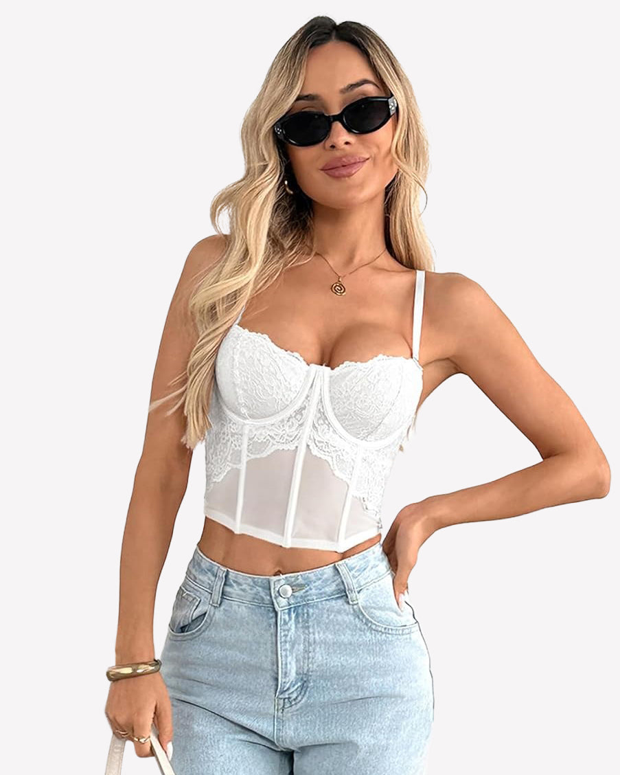 White lace bustier corset crop top with underwire cups and sheer lace panels
