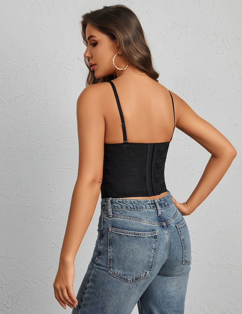 Black lace corset top with halter straps, open back, and underwire shaping.
