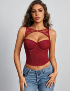 Wine red lace halter corset top with underwire cups and sweetheart neckline.