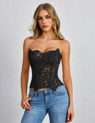 Black lace bustier corset top, strapless sweetheart neckline