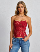 Red strapless lace corset top with sweetheart neckline and boning