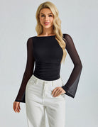 Black mesh ruched bodysuit with boat neck, long sleeves, double-lined front