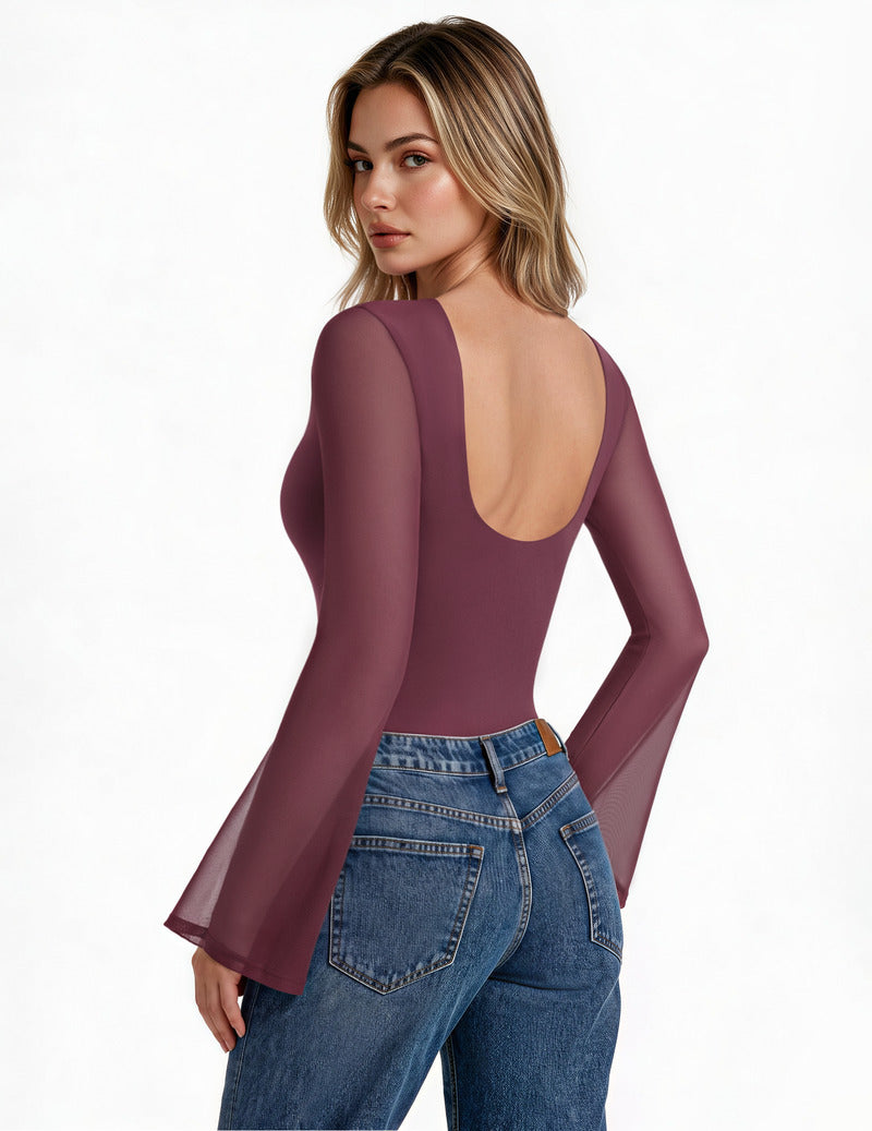Plum backless mesh ruched bodysuit with open back and long sheer sleeves
