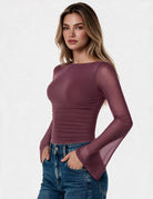Plum mesh ruched bodysuit with boat neck, long sheer sleeves and open back