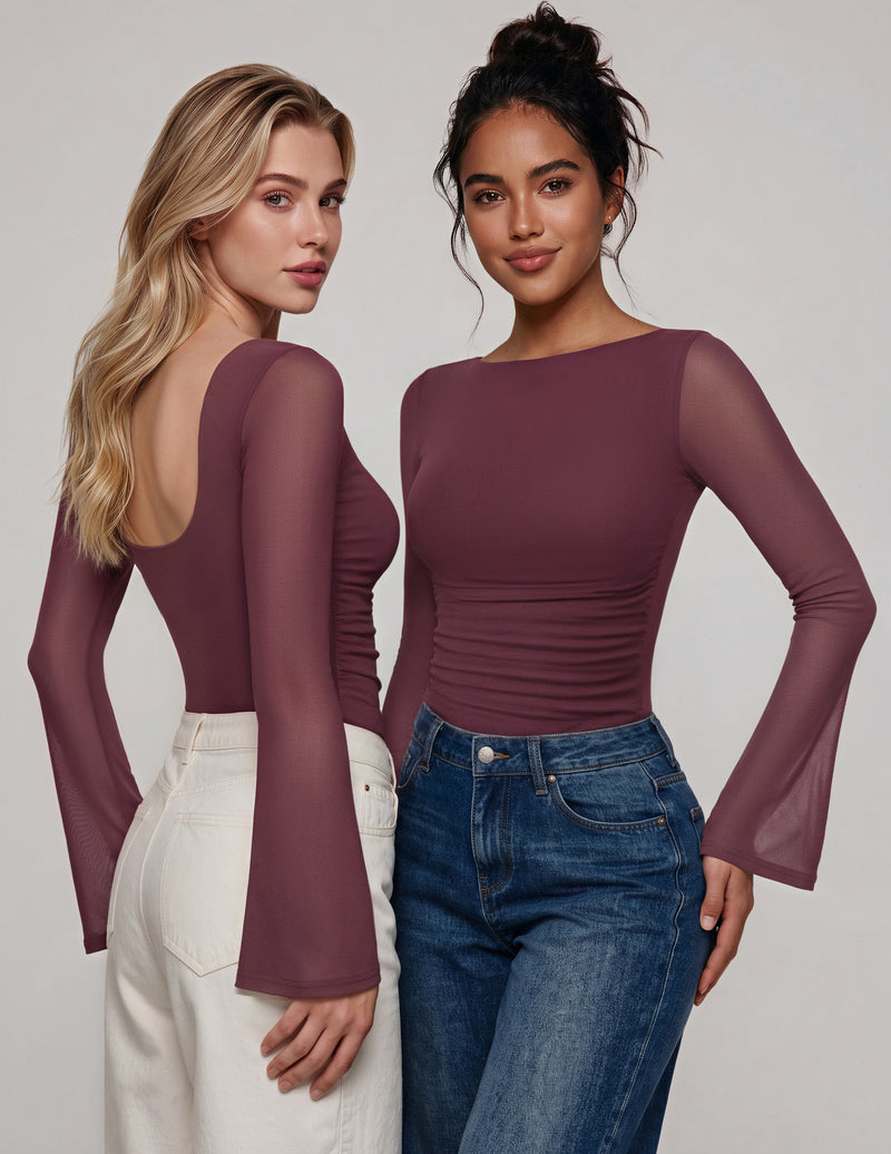 Plum backless mesh ruched bodysuit with boat neck and long sheer sleeves