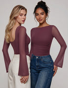Plum backless mesh ruched bodysuit with boat neck and long sheer sleeves