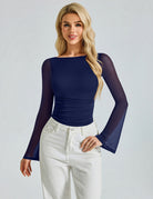 Ruched mesh boat-neck bodysuit with long sheer sleeves, navy blue