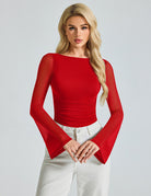 Ruched mesh boat-neck bodysuit with long sheer sleeves, red