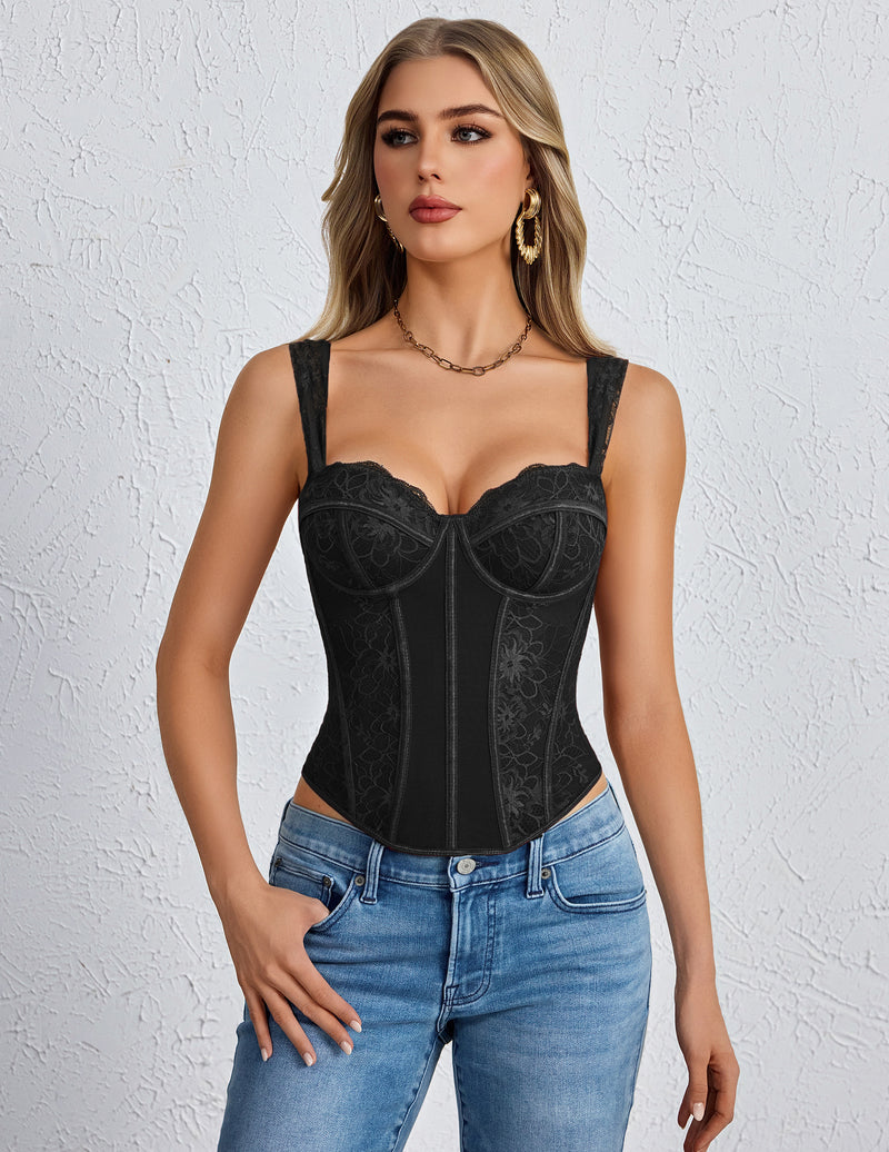 Black floral lace underwire corset top with boned bustier shaping