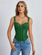Green floral lace underwire corset top with boned bustier shaping