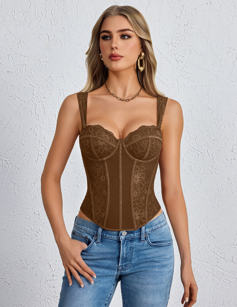 Brown floral lace underwire corset top with boned bustier shaping