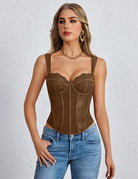 Brown floral lace underwire corset top with boned bustier shaping