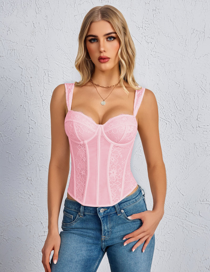 Pink floral lace underwire corset top with scalloped bust and boned panels