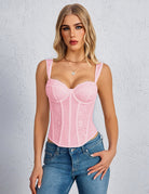 Pink floral lace underwire corset top with scalloped bust and boned panels