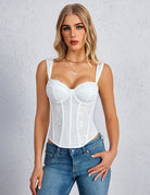White floral lace underwire corset top with scalloped bust and boned panels