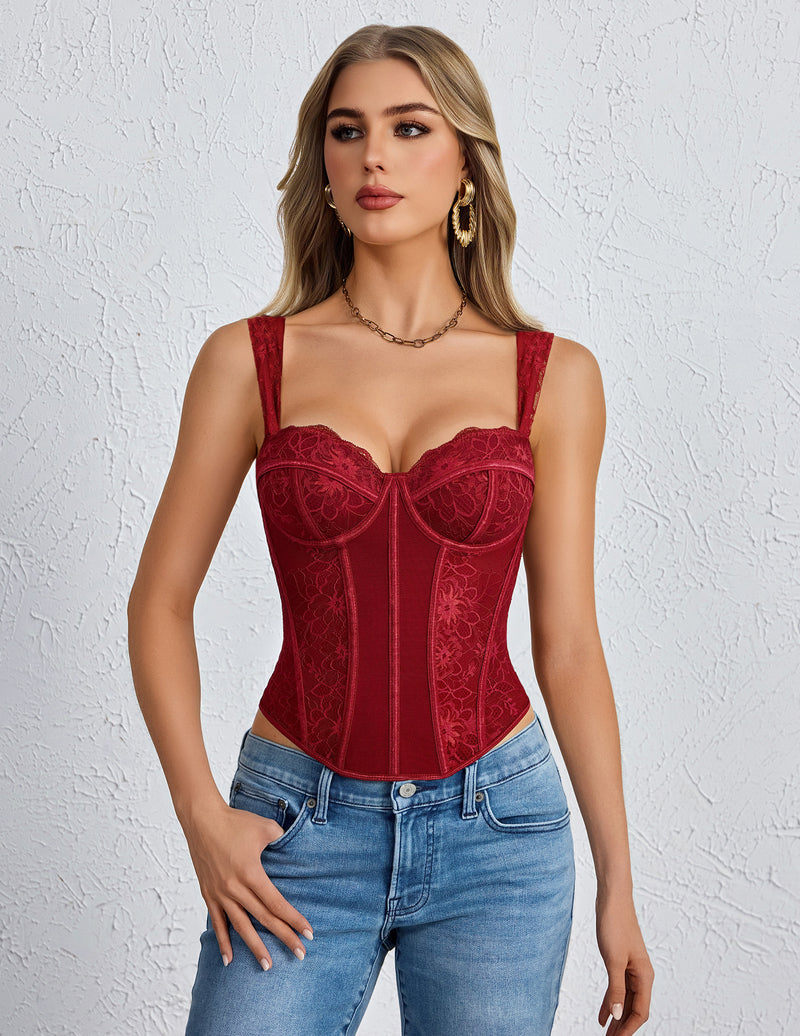 Wine red floral lace underwire corset top with boned bustier shaping