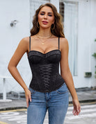 Black floral lace underwire corset top with lace-up front and spaghetti straps
