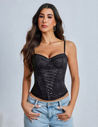 Black floral lace underwire corset top with sweetheart neckline and lace-up center