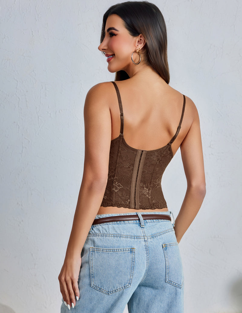 Brown floral lace corset top with open back and thin adjustable shoulder straps