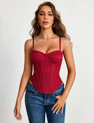 Red floral lace underwire corset top with boned bustier and thin adjustable straps