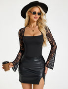 Square-neck lace long-sleeve bodysuit with bell sleeves, black sheer lace and black body