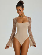 Square-neck lace long-sleeve bodysuit with bell sleeves, nude body with beige lace sleeves