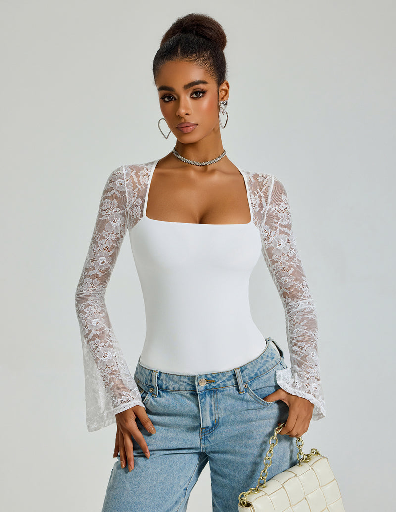 White square-neck lace bodysuit with long bell sleeves, styled with blue jeans