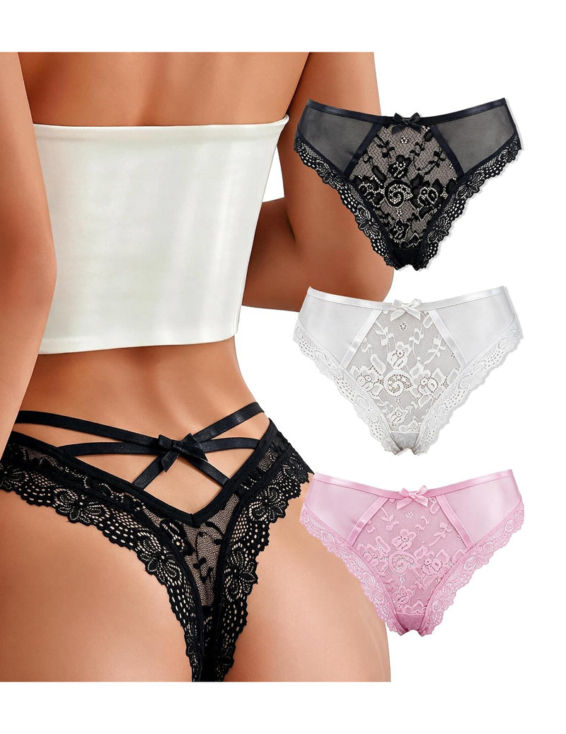 Multi-pack lace thong bikini panties in black, white, and pink sheer lace designs