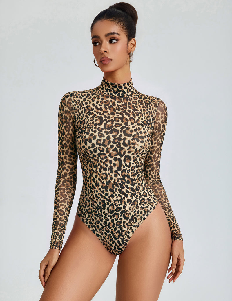Leopard print mesh mock neck long-sleeve bodysuit with sheer sleeves, high cut