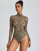 Leopard print mesh mock neck long-sleeve bodysuit with sheer sleeves, high cut