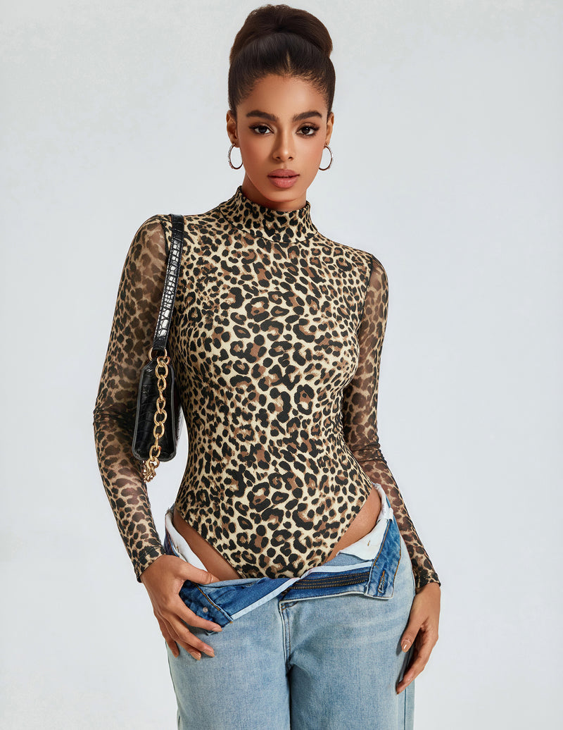 Leopard print mesh mock neck bodysuit with sheer long sleeves and high-leg cut